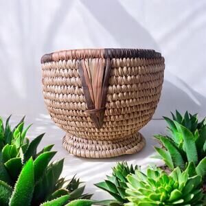 Vintage Tribal Footed Basket African Native Hand Woven 6.5” x 9.5” Natural Fiber